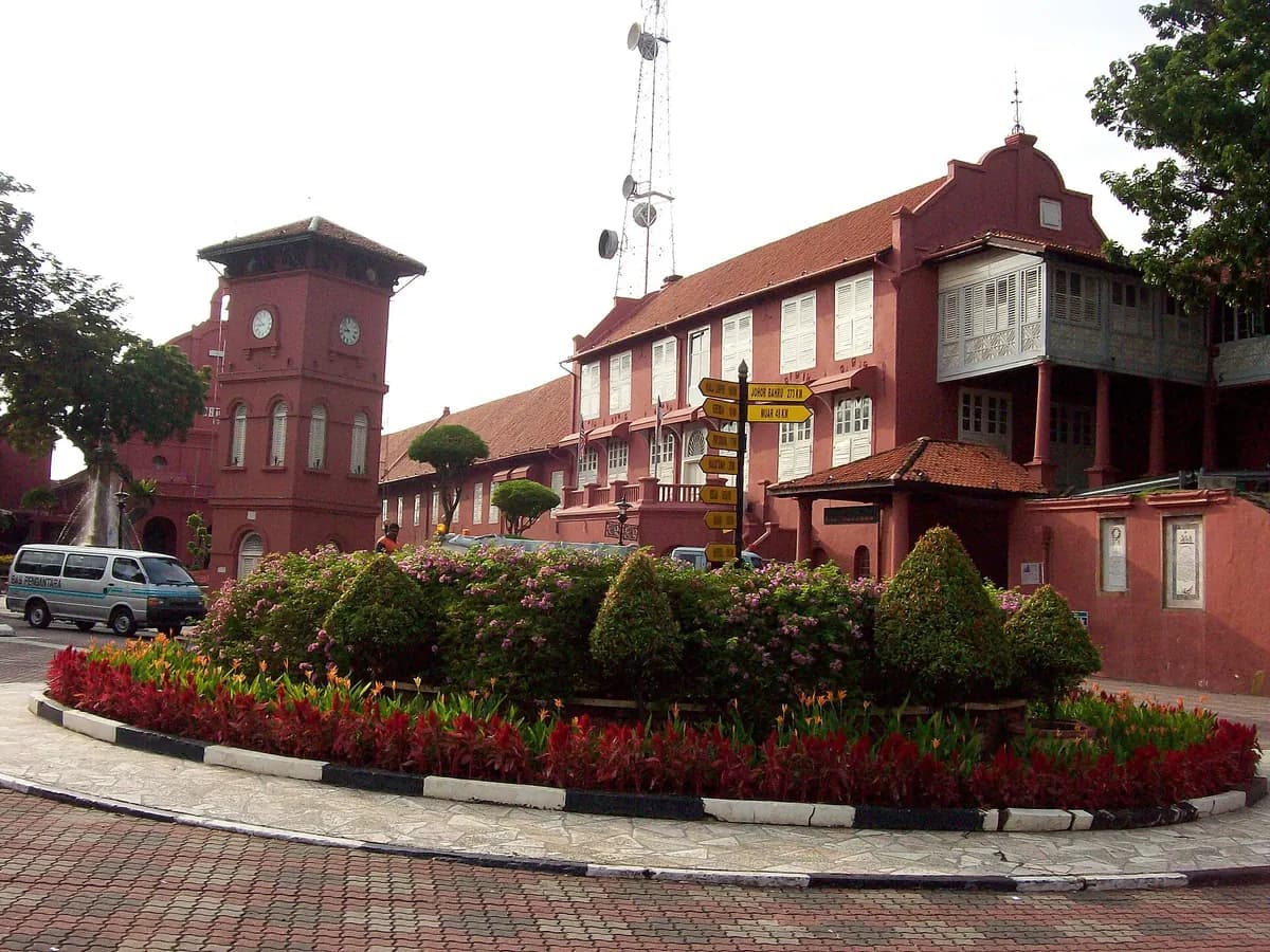 The red Stadthuys and clock tower around Dutch Square in Melaka